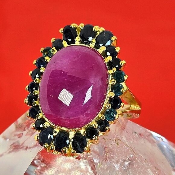925 Sterling Silver Ring Sz 6.75 with Natural Ruby 1.6x1.3cm & Sapphire Gems - Picture 1 of 14